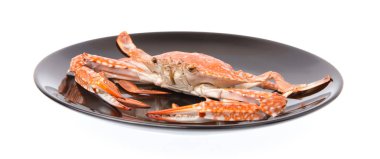 Siyah tabakta pişirilmiş yengeç, beyaz arkaplanda izole edilmiş.