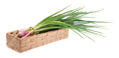 Beyaz zemin üzerinde izole edilmiş soğan bahar bambu sepeti