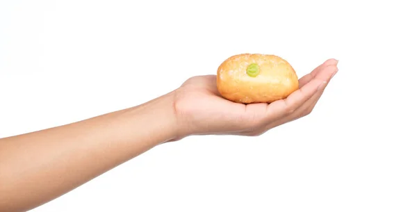 Hand Holding Filling Pandan Doughnuts Isolated White Background — Stock Photo, Image