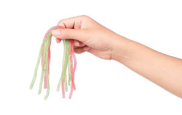 Hand Holding Jelly Sweet Dessert Colorful Sugar Isolated White Background — Stock Photo, Image