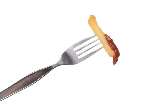 Håller Pommes Frites Med Ketchup Med Gaffel Isolerad Vit Bakgrund — Stockfoto