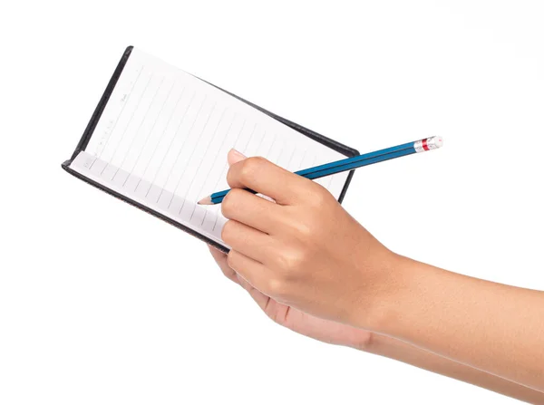 Mano Sosteniendo Escribiendo Cuaderno Vacío Aislado Sobre Fondo Blanco — Foto de Stock
