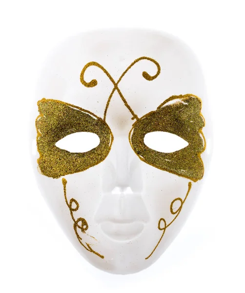 Ruka Mladé Ženy Držící Zlatou Karnevalovou Masku Izolované Bílém Pozadí — Stock fotografie