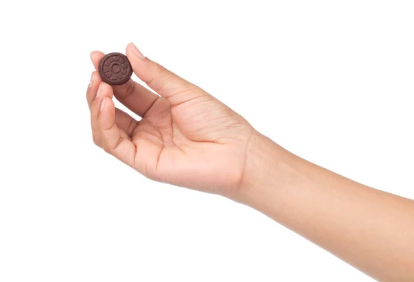 Galletas Mano Con Relleno Crema Aislado Sobre Fondo Blanco — Foto de Stock