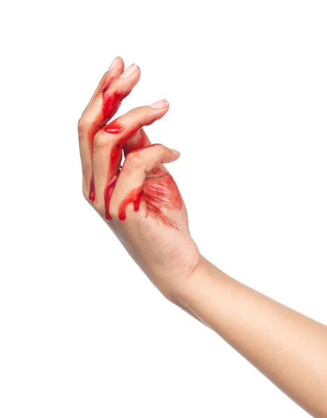 Uma Mão Sangrenta Está Manchando Vermelho Isolado Fundo Branco — Fotografia de Stock
