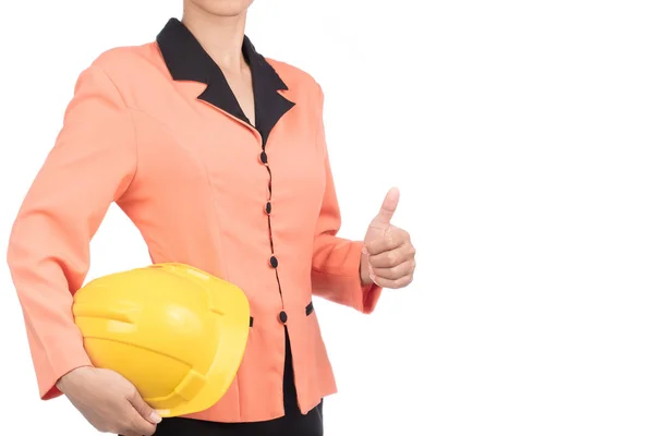 Woman Civil Engineer Orange Shirt Holding Safety Helmet Construction Isolated — Stock Photo, Image