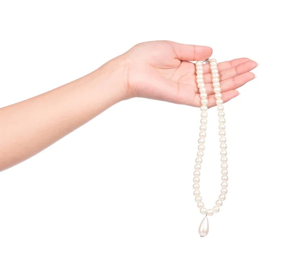 Hand Holding Pearl Necklace Isolated White Background — Stock Photo, Image