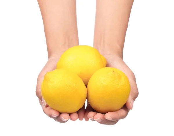 Mão Segurando Limão Fresco Isolado Fundo Branco — Fotografia de Stock