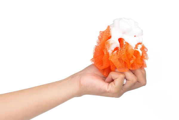 Hand Holding Soft Orange Bath Puff Sponge Isolated White Background — Stock Photo, Image