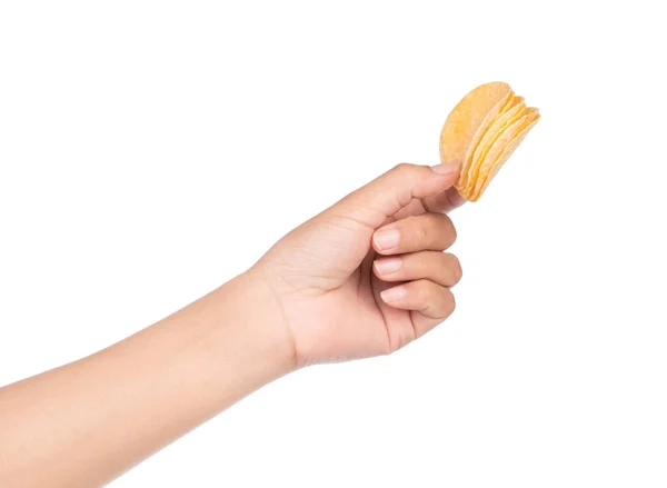 Hand Hålla Potato Chips Isolerad Vit Bakgrund — Stockfoto