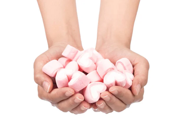 Χέρι Κρατώντας Γλυκό Σχήμα Της Καρδιάς Marshmallow Απομονώνονται Λευκό Φόντο — Φωτογραφία Αρχείου