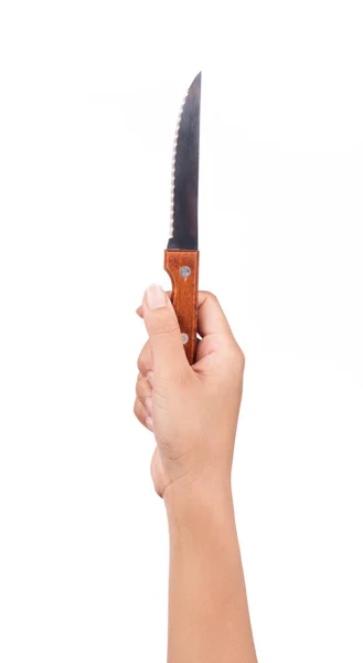 Рука Держа Деревянный Нож Изолированы Белом Фоне — стоковое фото