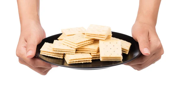 Mão Segurando Prato Biscoitos Saborosos Isolado Fundo Branco — Fotografia de Stock