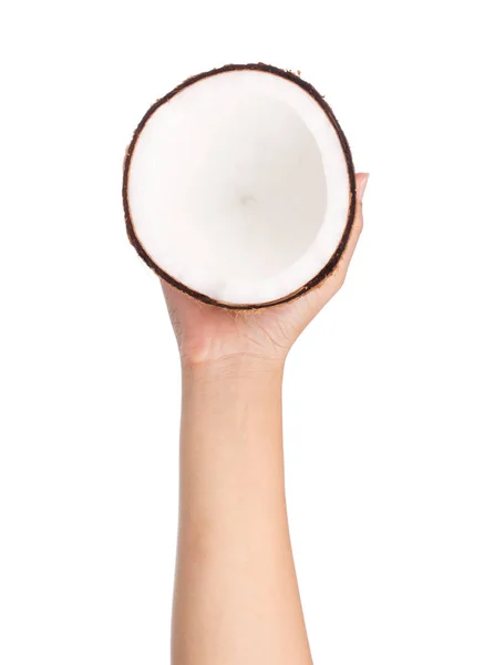 Hand Hålla Coconut Gamla Brun Isolerad Vit Bakgrund — Stockfoto