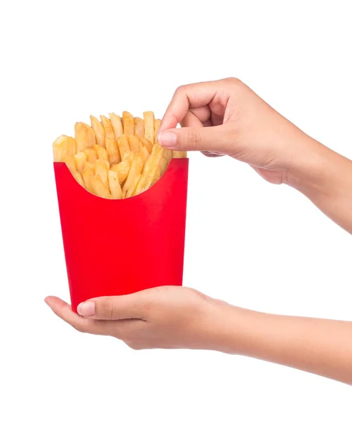 Mano Sosteniendo Papas Fritas Una Bolsa Papel Roja Aislada Sobre — Foto de Stock