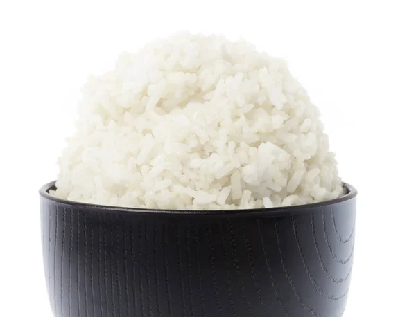 Jasmine Rice Black Bowl Isolated White Background — Stock Photo, Image