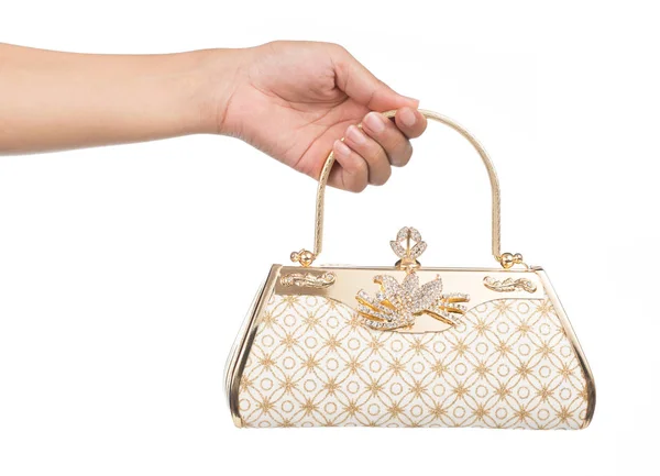 Hand Hält Goldene Clutch Mit Diamanten Isoliert Auf Weißem Hintergrund — Stockfoto