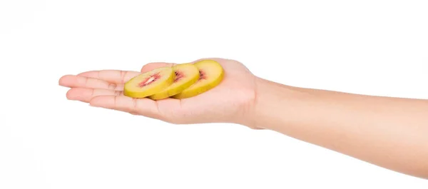 Hand Hålla Skiva Röd Kiwi Frukt Isolerad Vit Bakgrund — Stockfoto