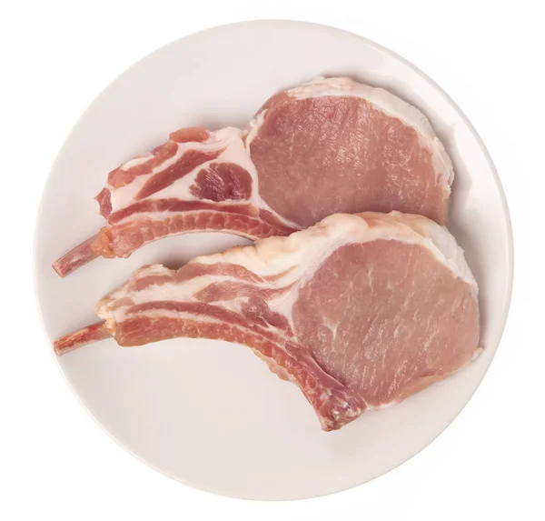 Raw Pork Chops Plate Isolated White Background — Stock Photo, Image