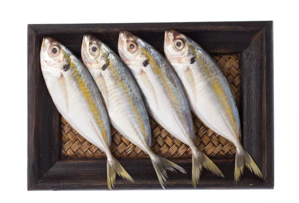 Small Fishes Bamboo Woven Tray Isolated White Background — Stock Photo, Image