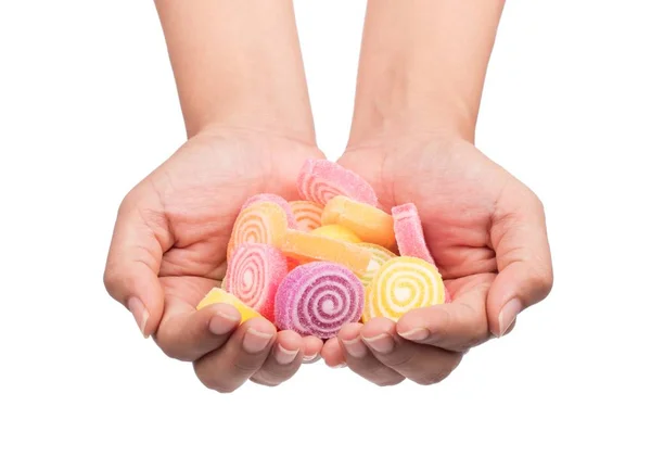 Hand Hält Jellys Sweet Isoliert Auf Weißem Hintergrund — Stockfoto