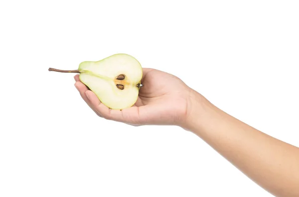 Hand Holding Slice Yellow Pears Isolated White Background — Stock Photo, Image