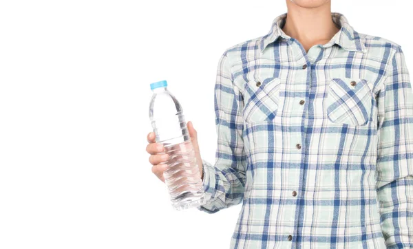 Девушка Клетчатой Рубашке Держать Бутылку Воды Изолированы Белом Фоне — стоковое фото