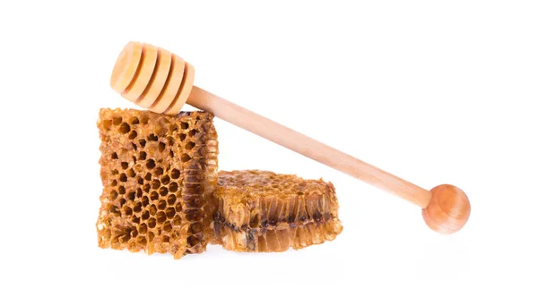 Honeycombs Wooden Dipper Honey Isolated White Background — Stock Photo, Image