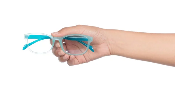 Ruka Drží Modré Brýle Izolované Bílém Pozadí — Stock fotografie