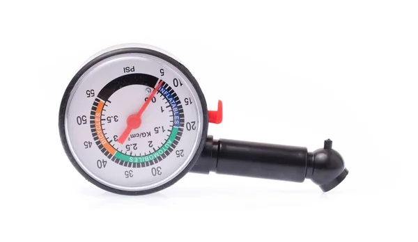 Manómetro Para Medir Presión Los Neumáticos Aislado Sobre Fondo Blanco — Foto de Stock