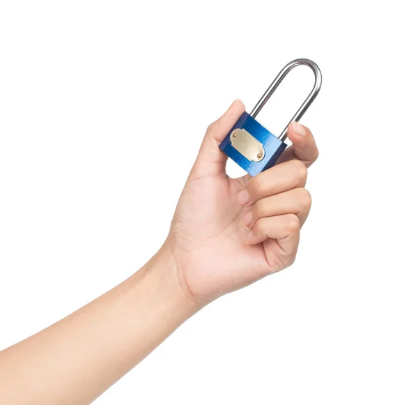 Hand Holding Blue Lock Isolated White Background — Stock Photo, Image