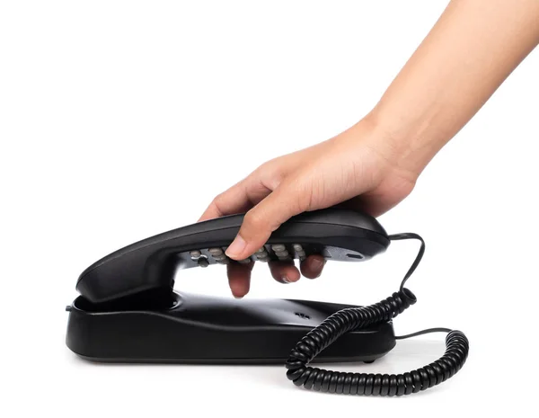 Рука Держа Черный Телефон Изолирован Белом Фоне — стоковое фото