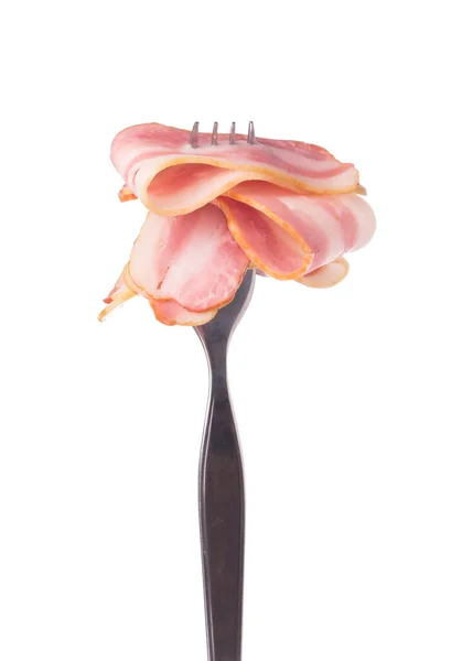 Holding Raw Bacon Fork Isolated White Background — Stock Photo, Image