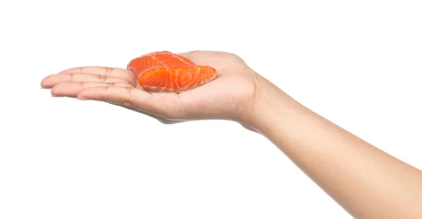 Hand Holding Slice Raw Salmon Red Fish Steak Isolated White — Stock Photo, Image