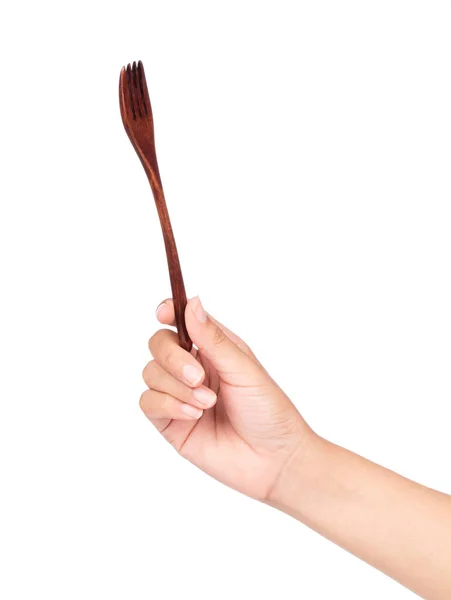 Hand Holding Wood Fork Isolated White Background — Stock Photo, Image