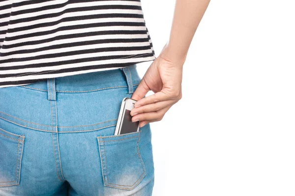 Mão Agarrando Smartphone Móvel Bolso Jeans Traseiro Isolado Fundo Branco — Fotografia de Stock