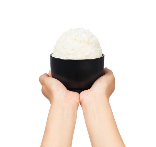 Χέρι Κρατώντας Ρύζι Γιασεμί Μαύρο Μπολ Απομονώνονται Λευκό Φόντο — Φωτογραφία Αρχείου