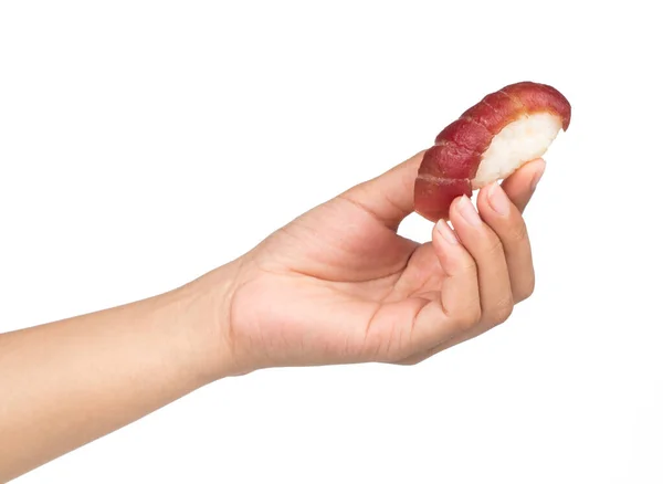 Hand Holding Salmon Sushi Isolated White Background — Stock Photo, Image