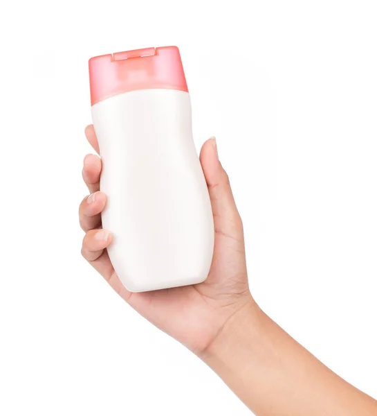 Hand Houden Fles Lotion Geïsoleerd Witte Achtergrond — Stockfoto