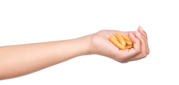 Hand Houden Snacks Geïsoleerd Een Witte Achtergrond — Stockfoto