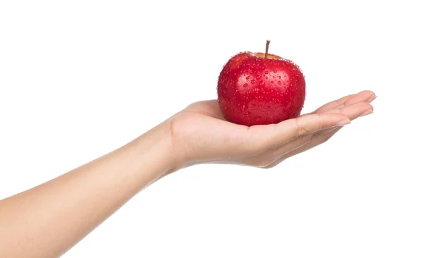 Hand Hält Roten Apfel Isoliert Auf Weißem Hintergrund — Stockfoto