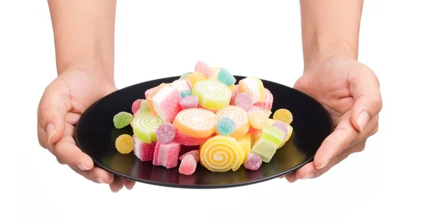 Hand Holding Jelly Sweet Black Dish Isolated White Background — Stock Photo, Image