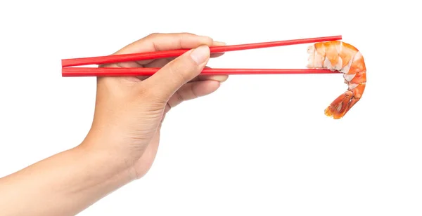 Chopsticks Που Κρατούν Γαρίδα Απομονωμένη Λευκό Φόντο — Φωτογραφία Αρχείου