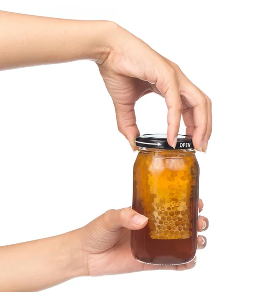 Hand Holding Honey Jar Isolated White Background — Stock Photo, Image