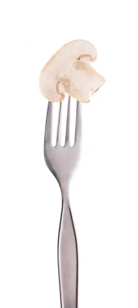 Cogumelo Champignon Com Garfo Isolado Sobre Fundo Branco — Fotografia de Stock