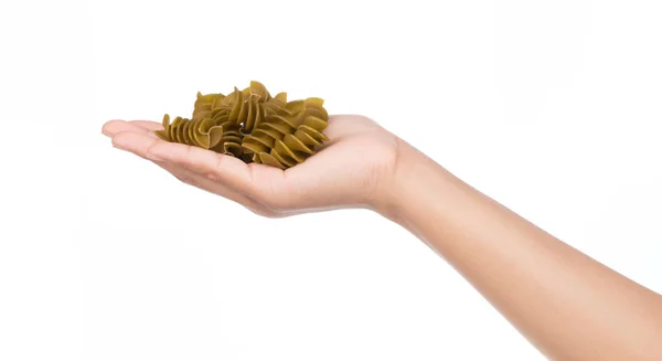 Hand Vasthouden Pasta Geïsoleerd Witte Achtergrond — Stockfoto