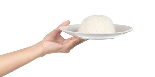 Mano Sosteniendo Plato Arroz Aislado Sobre Fondo Blanco — Foto de Stock