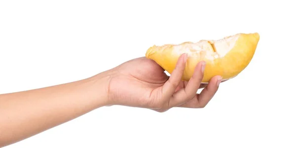 Hand Hält Einen Teil Der Durian Früchte Isoliert Auf Weißem — Stockfoto