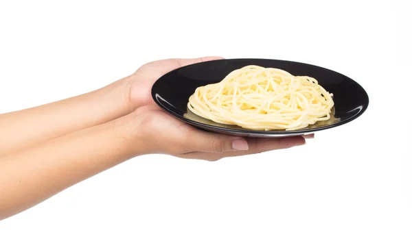 Mão Segurando Macarrão Espaguete Prato Isolado Fundo Branco — Fotografia de Stock