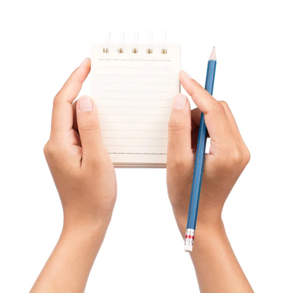 Notebooki Trzymające Ręcznie Ołówek Białym Tle — Zdjęcie stockowe